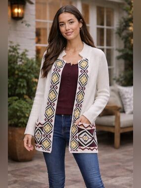 Old Navy Cardigan White Open Front Novelty Aztec Embroidered Sweater